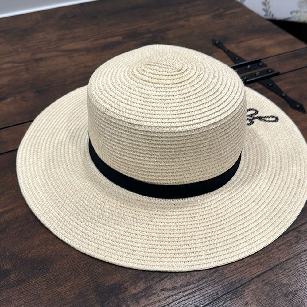 NWT ASOS Design Women's Sequined "Go Away" Wide Brim Floppy Straw Hat Beige OS - Picture 2 of 7